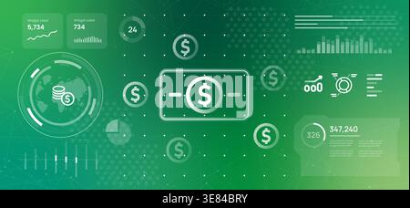 digital currency and global finance concept showing banknotes and coins icons dashboard with world map and financial growth statistics for Stock Vector