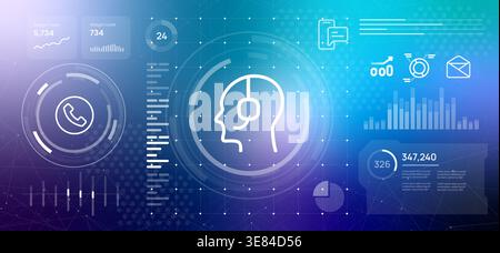 customer support and communication concept head with headset contact icons on digital dashboard with data visualization for call center performance Stock Vector