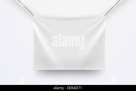 Blank white textile banner mockup hanging on ropes. This empty fabric advertising sign template is ready for your design. Vector illustration Stock Vector