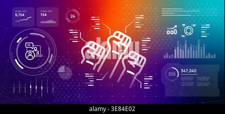 digital activism and social movement concept featuring raised fists on technological interface online protest community power advocacy and collective Stock Vector