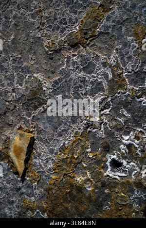 View of a rugged, textured rock face with contrasting grey and gold hues, displaying intricate patterns and mineral deposits, Hrunamannahreppur, Icela Stock Photo
