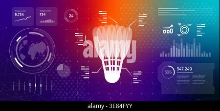 badminton sport shuttlecock icon on professional data analytics dashboard background with statistics metrics for tournament competitive sports modern Stock Vector