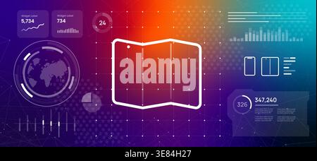 futuristic trifold smartphone and foldable screen technology background with device outline and digital data infographic elements for mobile Stock Vector