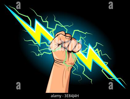 zeus hand raised fist holding yellow lightning energy bolt rod illustration vector isolated on black background Stock Vector