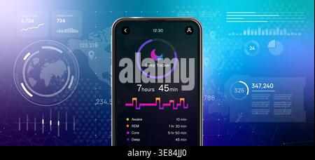 Sleep tracker application on smartphone screen showing quality monitoring data and health analytics with futuristic hud interface background for Stock Vector
