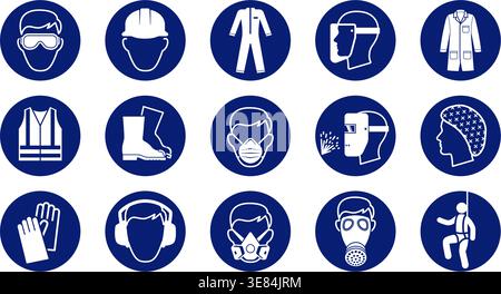 classic work site mandatory safety equipment required warning alert attention danger sign in blue circle symbol vector set on transparent background Stock Vector