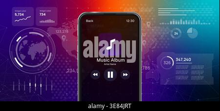 Mobile music player application interface on smartphone screen with digital audio waveform for entertainment and streaming service media playback Stock Vector