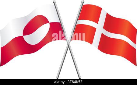 greenalnd and denmark flags in relationship alliance or versus conflict crossed flagpoles vector isolated on transparent background Stock Vector