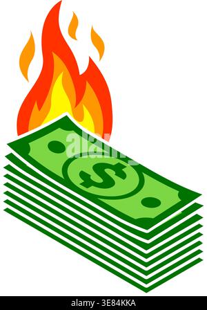 simple burning stack bundle of green bank currency cash money dollar bills icon vector isolated on transparent background Stock Vector