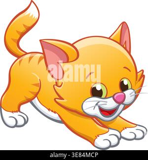 Cute smiling orange ginger striped cartoon kitten cat character stretching front legs vector isolated on transparent background Stock Vector