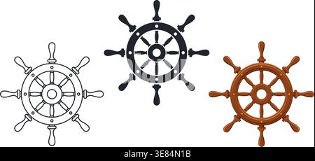 classic brown wooden ship helm nautical steering wheel icon symbol outline silhouette vector set of 3 on transparent background Stock Vector