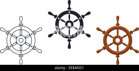 classic brown wooden ship helm nautical steering wheel icon symbol outline silhouette vector set of 3 on transparent background Stock Vector