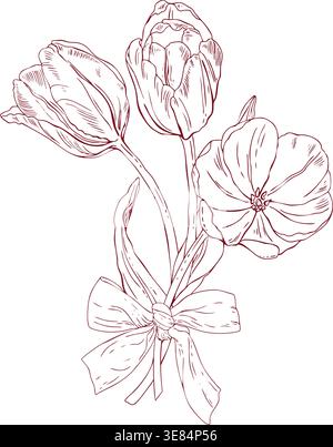 Bouquet of vector tulips tied with a bow, hand-drawn line drawing, scribbles, linear art Stock Vector