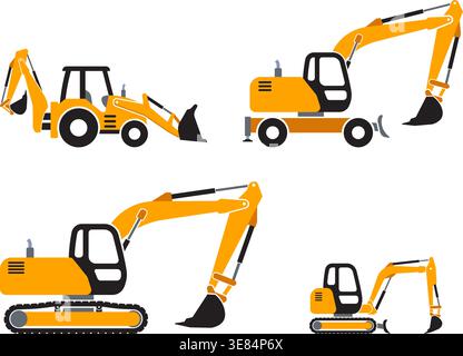 simple yellow excavator digger backhoe loader construction vehicle symbol silhouette simplified side view vector set on transparent background Stock Vector