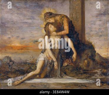 Pietà, 1867. Like two lovers, the Virgin Mary and Christ face each other in tender intimacy. At the foot of the Cross, the mother bends down towards her son, whose half-raised body still appears to be alive. Their youthful faces, merged into a single unit by the touching haloes, are full of grief and pain. Moreau extracts from the traditional motif a new, dreamlike echo. The earth tones lend the painting the look of an Old Master. Done in the small format of a devotional painting, the work is permeated by a deep religious sincerity. Its otherworldly, spiritual atmosphere reveals Moreau as Stock Photo
