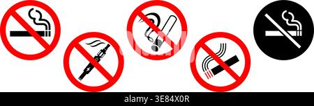 classic simple no smoking and no vaping e cigarette sign symbol in red circle vector set on transparent background Stock Vector