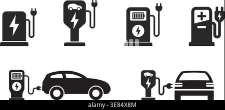 simple ev electric car vehicle charge point logo symbol sign icon station set vector on transparent background Stock Vector