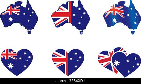 various australia aussie flag symbols logos simplified map and love heart icon emblem vector set on transparent background Stock Vector