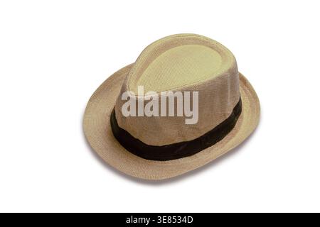 Classic Summer Straw Fedora Hat with Black Ribbon Isolated on White Background Stock Photo
