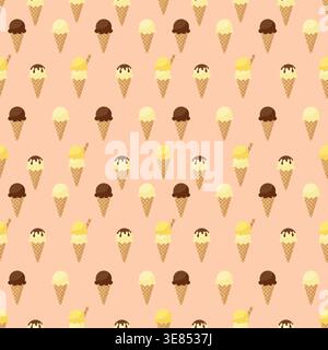Ice cream cone seamless pattern with chocolate and vanilla scoops vector illustration. Stock Vector