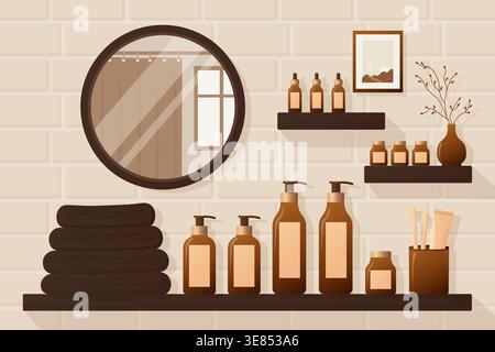 Dark brown aesthetic bathroom shelf with skincare bottles and mirror vector illustration. Stock Vector