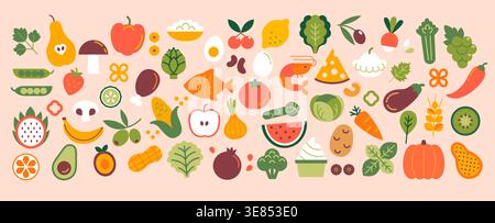 Big set of fruits, vegetables, berries, meat and fish icons. Fresh organic and natural food, different farm products, autumn harvest. Flat isolated hand drawn elements for design. Vector illustration. Stock Vector