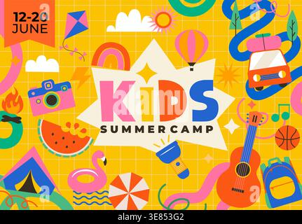Kids Summer camp bright banner. Childish background with symbols of active camping - tent, backpack, guitar, campfire, watermelon. Adventure poster, flyer,kids education and outdoor activities. Vector Stock Vector