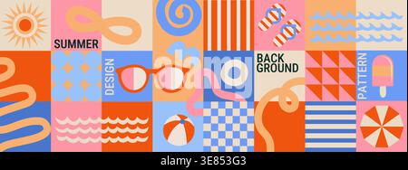 Horizontal summer geometric background with fun hand drawn doodle shapes,squiggles in childish style with hot season symbols-beach umbrella, sunglasses, ice cream, ball. Vector illustration. Stock Vector