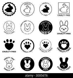 Black and White Cruelty Free Bunny and Paw Symbol Badge Icons Representing Ethical Not Tested on Animals Certification for Vegan and Organic Product P Stock Vector