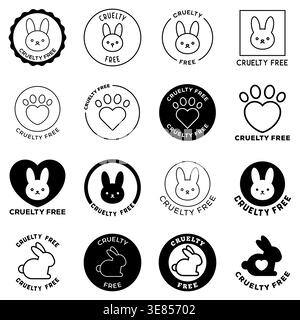 Minimal Black Cruelty Free Animal Testing Badges with Rabbit, Heart, and Paw Certification Icons for Eco Friendly Vegan Cosmetic and Ethical Product P Stock Vector