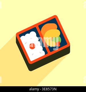 Japanese Bento Box with Rice Umeboshi Tempura Shrimp and Meat on Yellow Background Vector Illustration Stock Vector