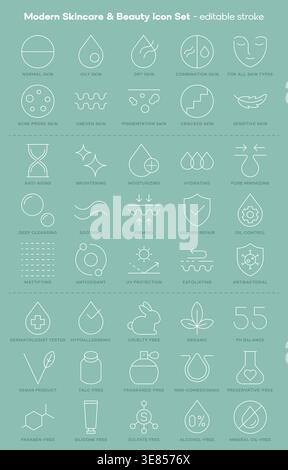 Modern Skincare and Beauty Icon Set with Dermatology Symbols and Cosmetic Treatment Signs Vector Illustration Stock Vector
