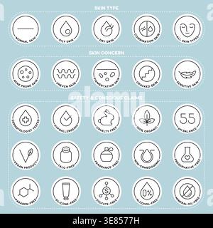 Cosmetic Icons Set for Skin Types Concerns and Safety Claims in Minimal Outline Style Vector Illustration Stock Vector