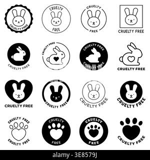 Black and White Cruelty Free Bunny and Paw Logo Badge Icons Representing Not Tested on Animals Certification for Ethical, Vegan, and Organic Product B Stock Vector