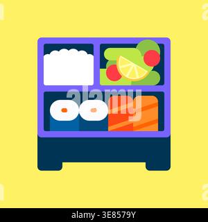 Japanese Bento Box with Sushi Rice Salmon and Fresh Fruit Vector Illustration Stock Vector