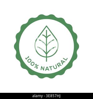 Minimal Line 100 Percent Natural Eco Badge with Leaf Icon in Green Seal Design Vector Illustration Stock Vector