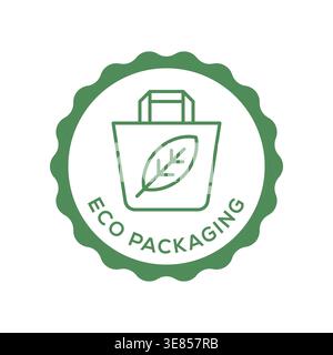 Eco Packaging Certification Badge in Minimal Green Seal with Shopping Bag and Leaf Icon Vector Illustration Stock Vector