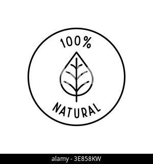 100 Percent Natural Label Icon Featuring Leaf Outline in Clean Circle Stamp Vector Illustration Stock Vector