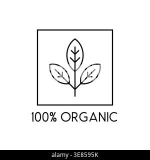 100 percent organic eco product label with three leaf line art vector illustration Stock Vector