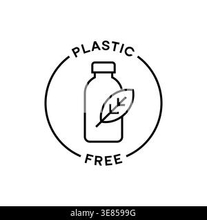Plastic Free Minimal Bottle Outline with Leaf in Circle Frame Vector Illustration Stock Vector