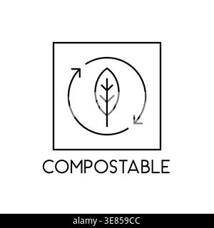 Compostable eco product label with leaf recycling arrows line art Vector Illustration Stock Vector