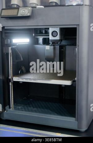 3D printer. 3D printer with blank work surface. Empty 3D printer. Modern new additive progressive technologies. 3D printing three-dimensional technology. Printing modeling manufacturing technology Stock Photo