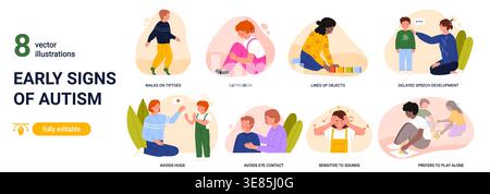 Educational infographic showing early signs of autism in children, delayed speech, sensory sensitivity, social withdrawal and repetitive behaviours, isolated on white background vector illustration Stock Vector