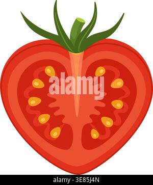 Vertical half cut of ripe red heart shaped tomato with visible seeds. Hand drawn trendy flat style isolated on transparent background. For stickers, menus, posters, romantic or healthy food designs Stock Vector