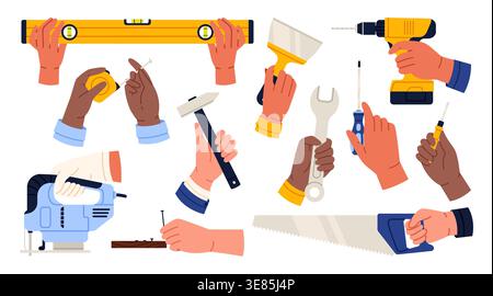 Construction and repair tools in diverse hands, including drill, level, jigsaw, saw, hammer, wrench, tape measure, screwdrivers and spatula, isolated on white background vector illustration Stock Vector