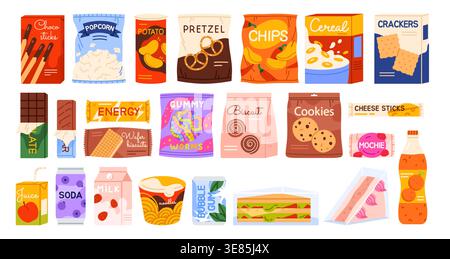 Assorted fast food snacks and drinks in colorful packaging including chips, cookies, candy, sandwiches, soda and juice, arranged as a flat design isolated on white background vector illustration Stock Vector