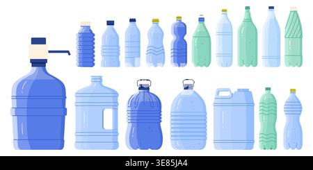 Collection of plastic water bottles, jugs and canisters in flat style, various sizes and shapes, aqua colors, isolated on white background vector illustration Stock Vector