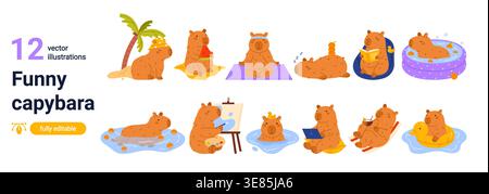Cute funny capybara characters doing yoga, painting, relaxing, reading and swimming in pool, bath toys, perfect for kids animal clipart playful design isolated on white background vector illustration Stock Vector