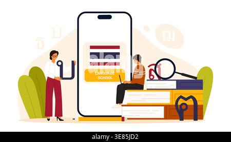 People learning Thai language online with smartphone app, books and teacher, modern education concept for language school, study abroad and e-learning, isolated on white background vector illustration Stock Vector