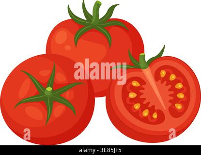 Group of ripe red tomatoes including two whole fruits and one half cut showing seeds. Hand drawn flat style isolated on transparent background. For stickers, menus, poster, food packaging and recipes Stock Vector
